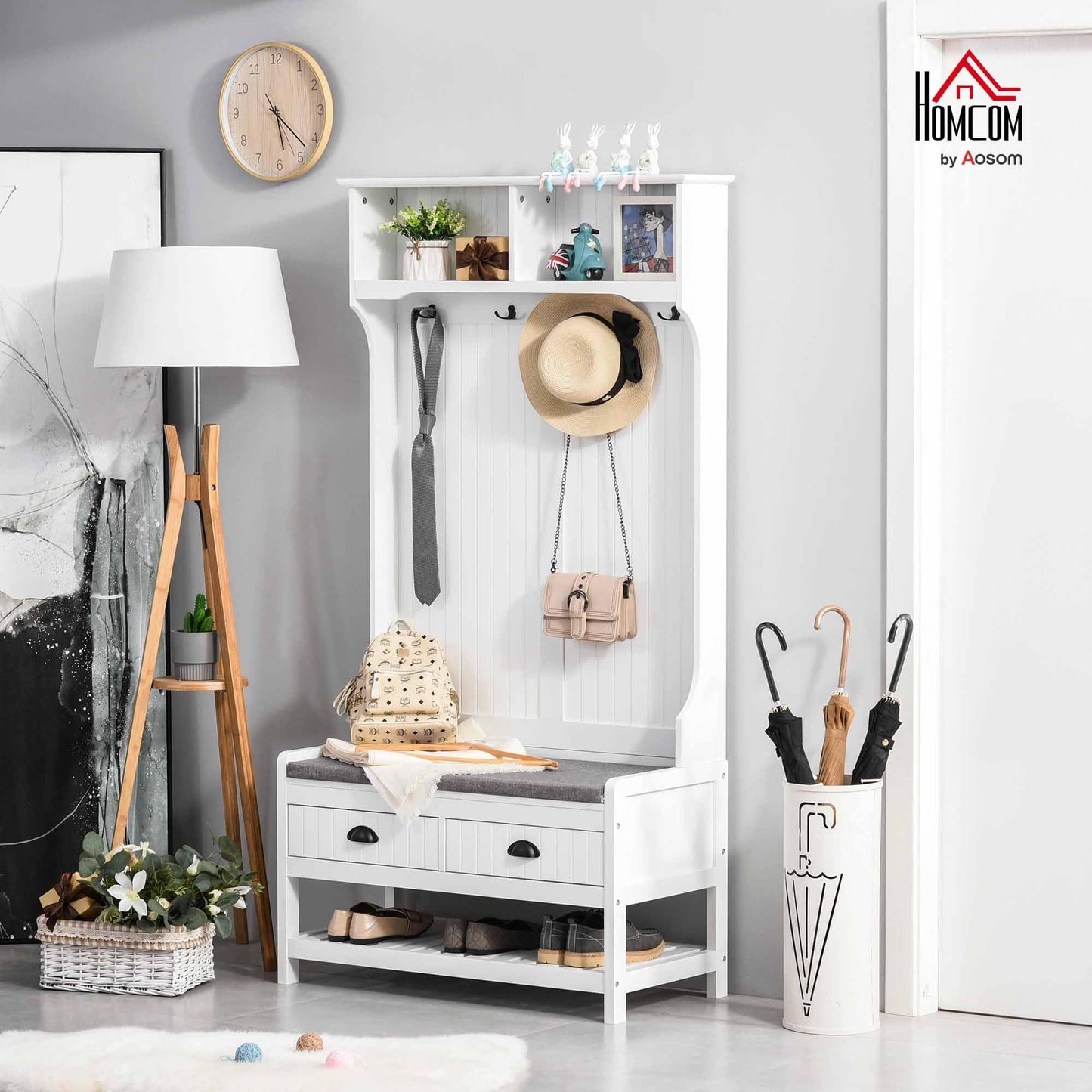 HOMCOM 3-in-1 Hall Tree, Entryway Bench with Coat Rack, Mudroom Bench with Shoe Rack, 2 Storage Drawers, 4 Hooks and Padded Seat Cushions for Hallway, White