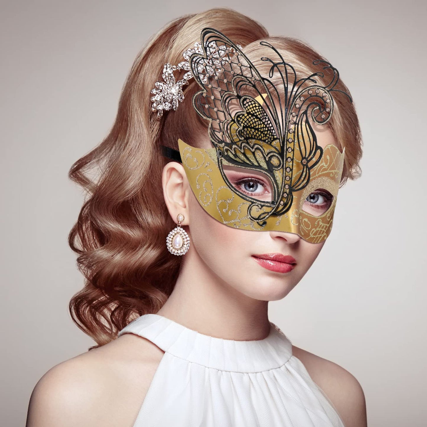 Mysterious Venetian Butterfly Lady Masquerade Halloween Party Mask Evening Prom Ball Mask Bar Costumes Accessory (Black-Gold)