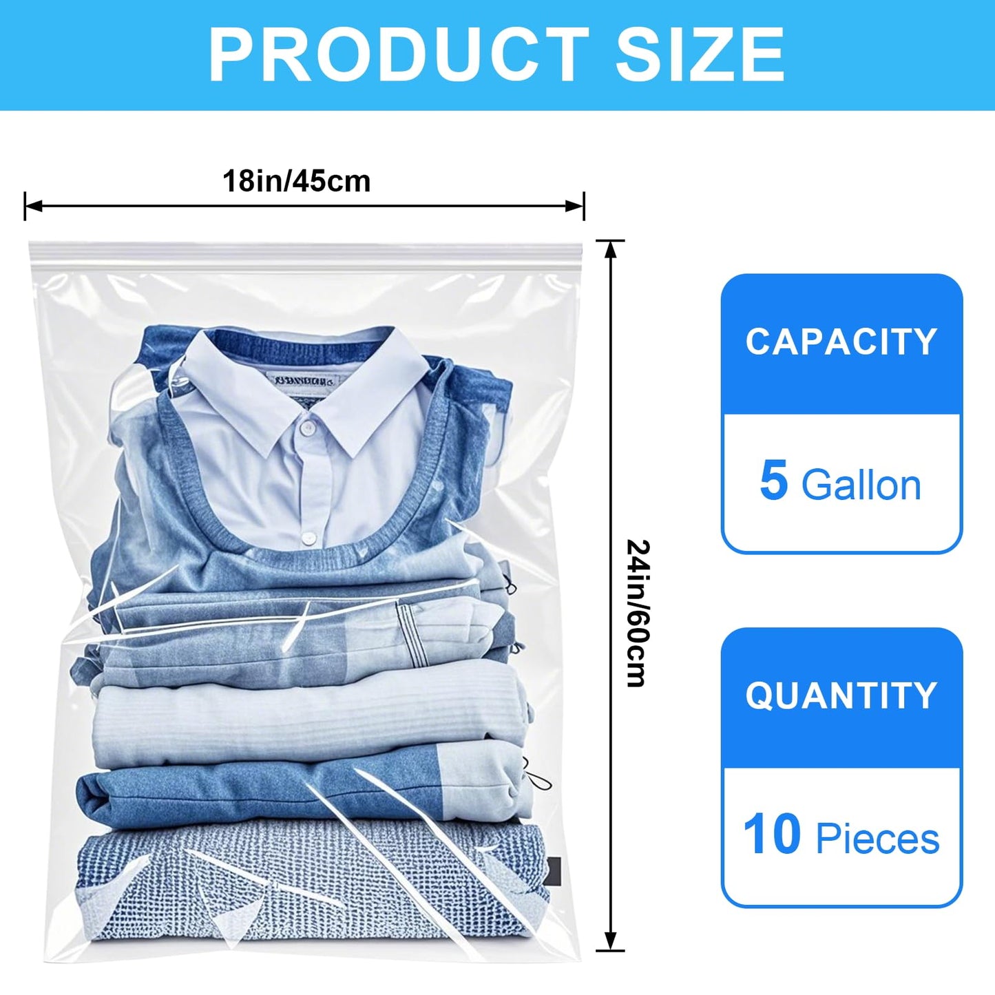ZHEWTOEN Large 5 Gallon Plastic Storage Bags (10 Pack) - 18" x 24", 2.4 Mil Thick, Resealable Clear Zipper Bags for Clothes, Travel & Moving
