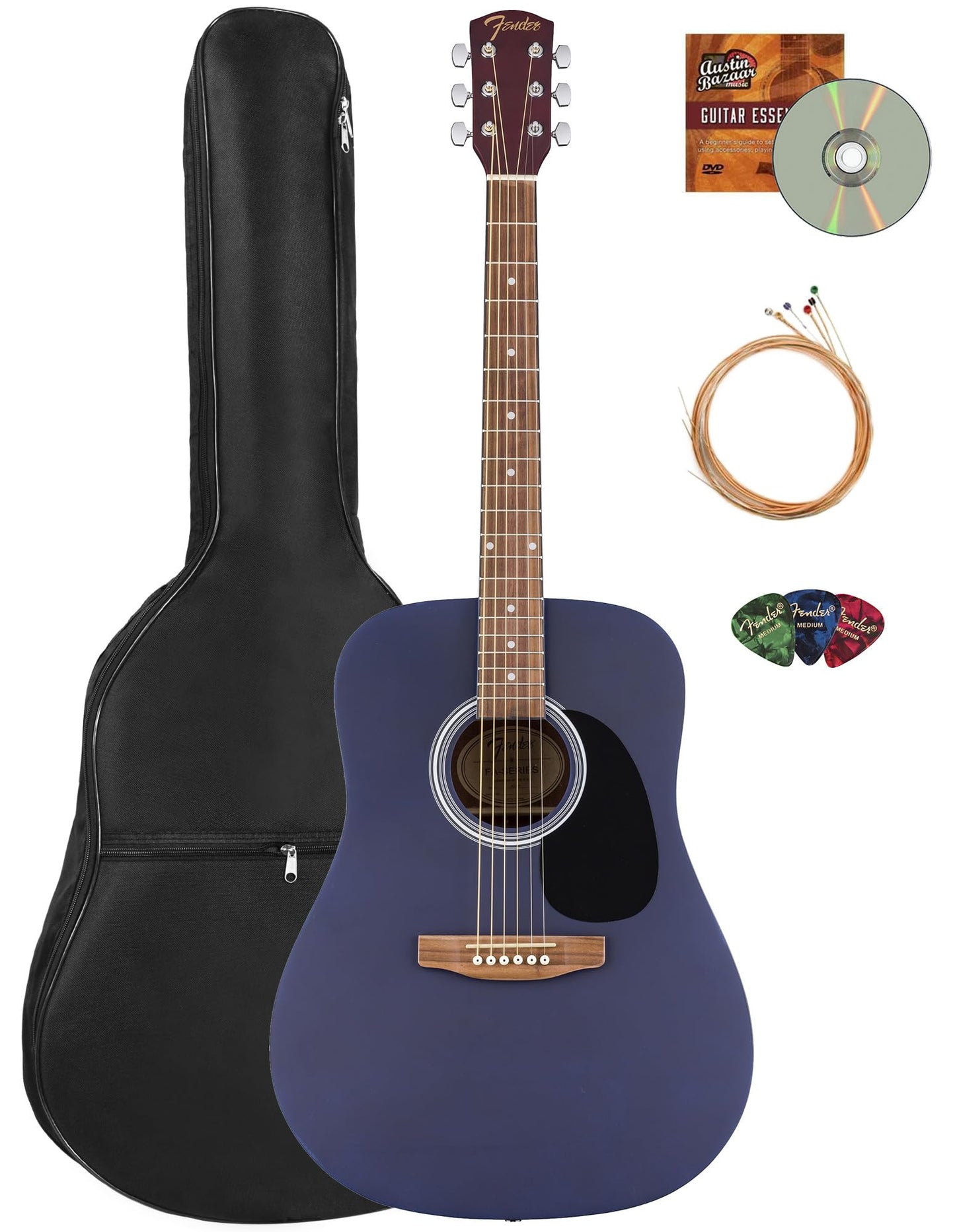 Fender FA Series Dreadnought Acoustic Guitar - Saphire Blue Bundle with Gig Bag, Strings, Picks, and Austin Bazaar Instructional