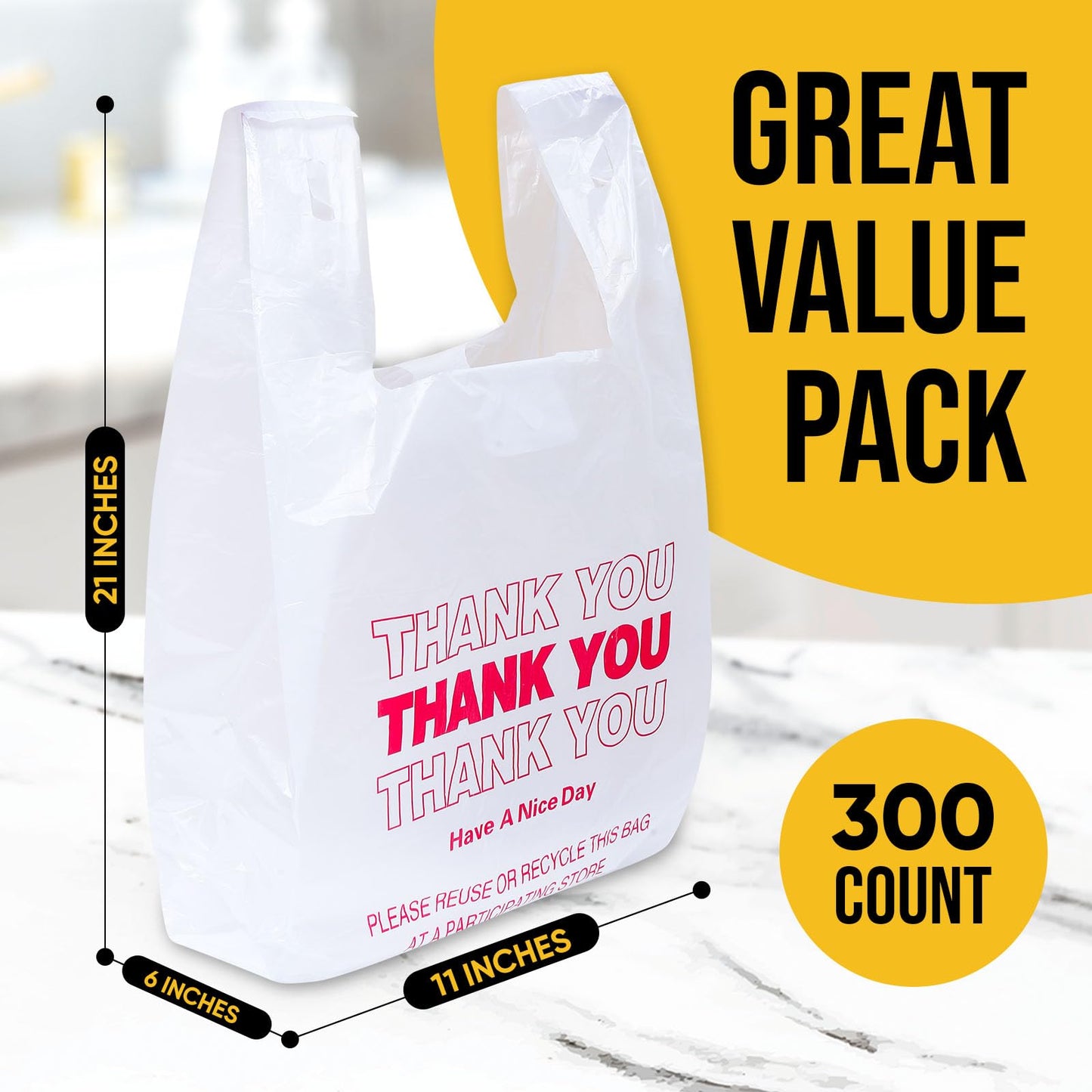 SheerDelight Plastic Bags, 300 Count Thank You Bags, Plastic Bags With Handles For Shopping, Grocery, Plastic Bag For Small Business (11"x 6"x 21"), Recyclable T Shirt Bags, White Plastic Bag