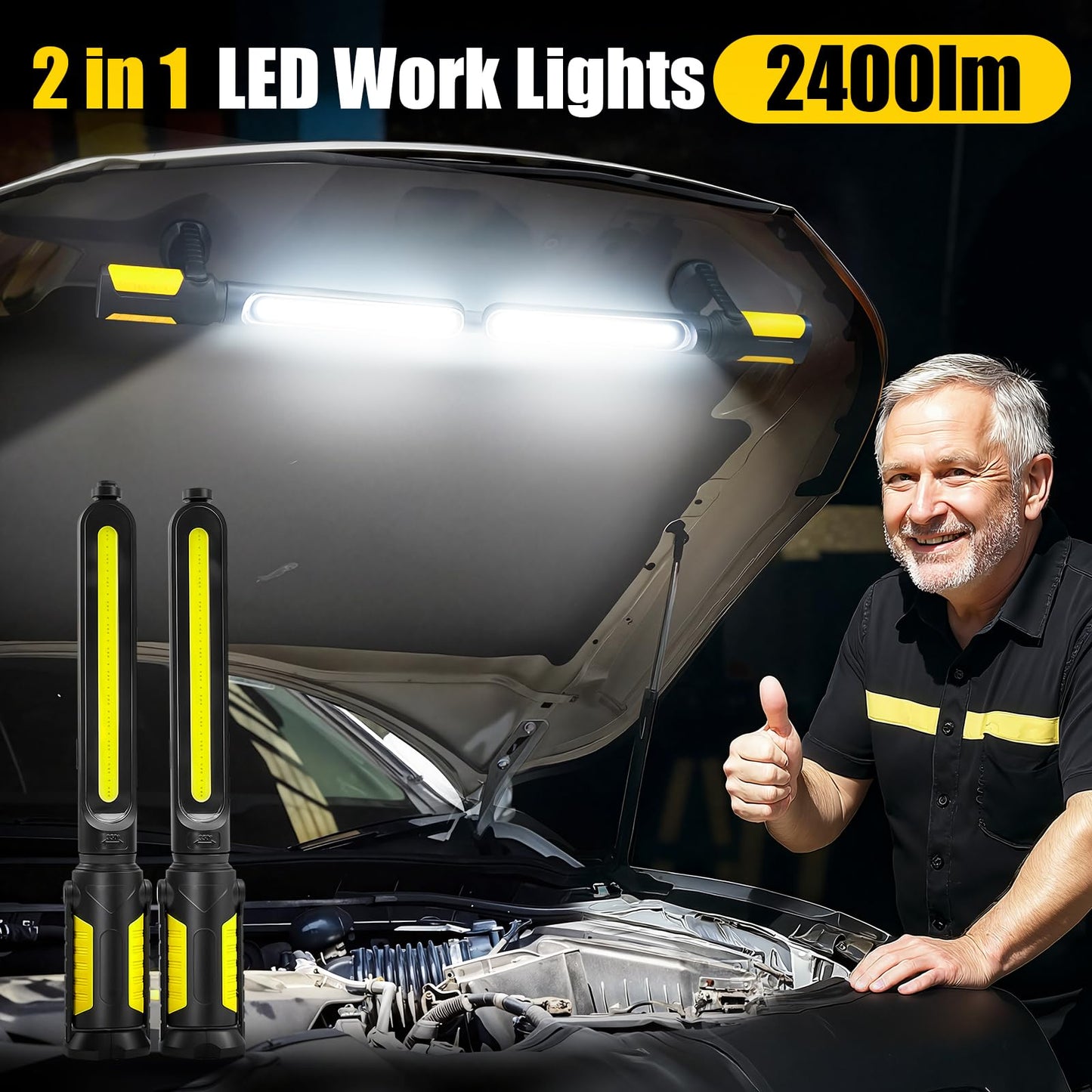 SYLSTAR Work Light for Mechanic, 2400LM LED, 4400mAh Rechargeable, Magnetic, Underhood Work Light with Hooks for Car Repairing, Job site, Garage, Workshop, Emergency(Yellow)