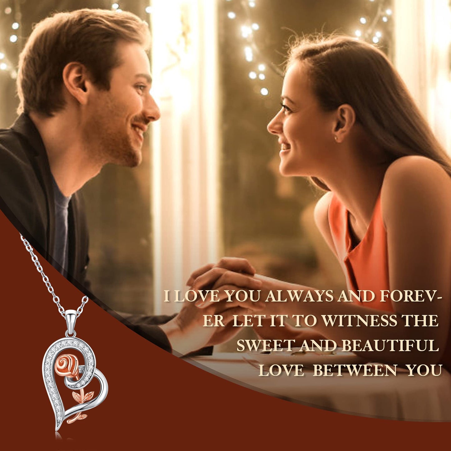 Gifts for Wife from Husband, Silver Heart Rose Necklaces for Women, Birthday Mothers Day Christmas Jewelry Presents for Girlfrie