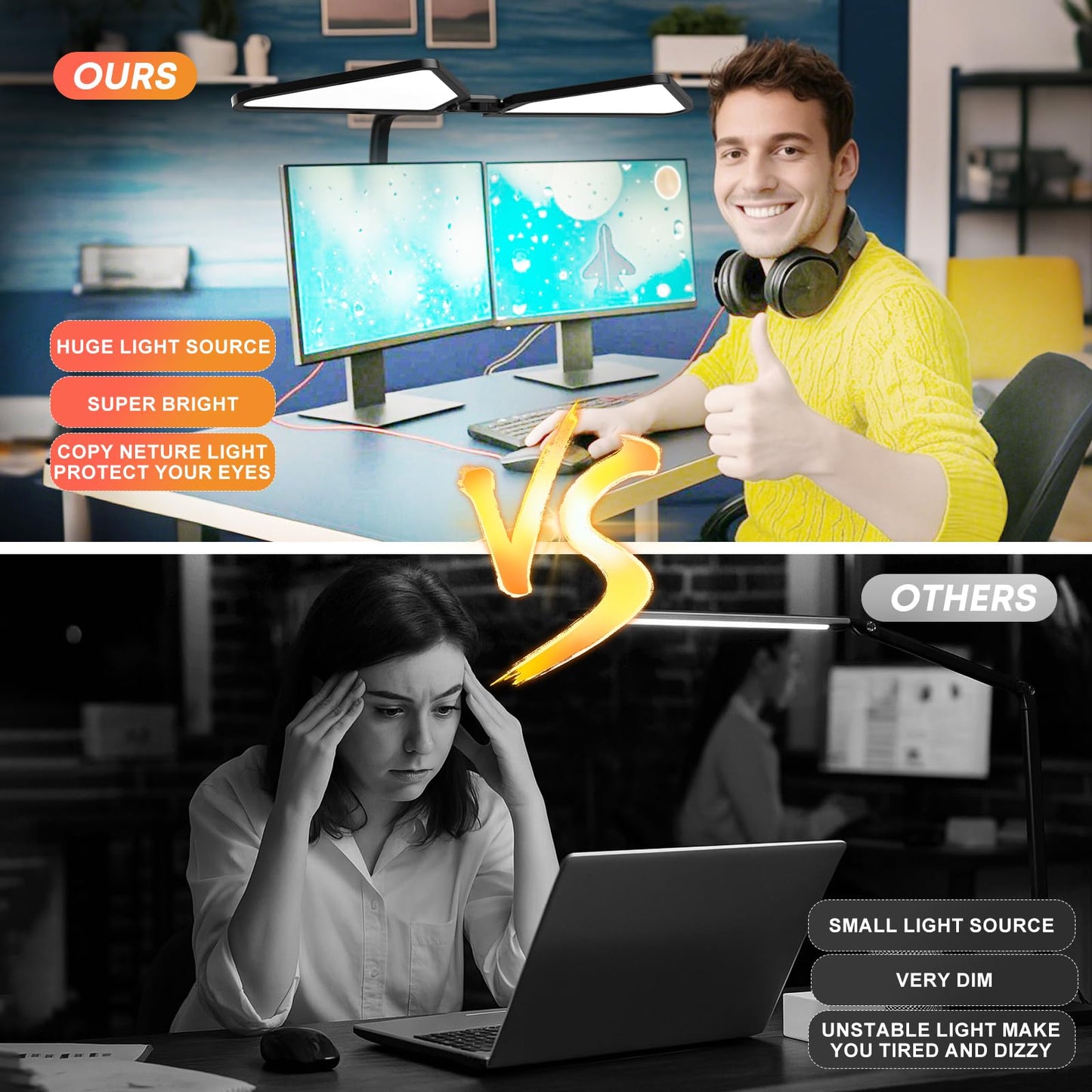 Ultra-Large Dual-Source Clamp-On Gooseneck Desk Lamp | Super Bright LED Study Light with Flexible Arms, 5 Brightness & 4 Color Modes for Home Office/Reading/Gift