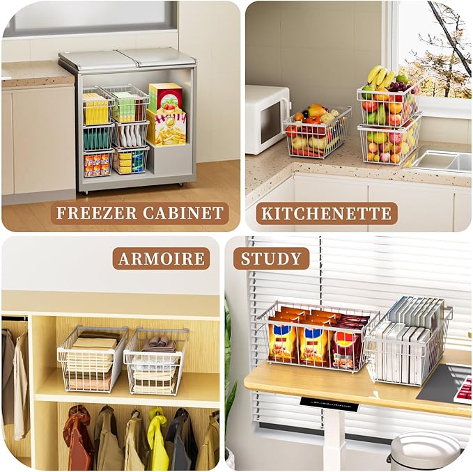 Enhanced Leak-Proof Bottom - Freezer Organizer Bins ,4 Pack Stackable Deep Freezer Organizer Bins for 7 Cu.FT Small Chest Freezer,Easy Get Bottom Foods without Digging(white)