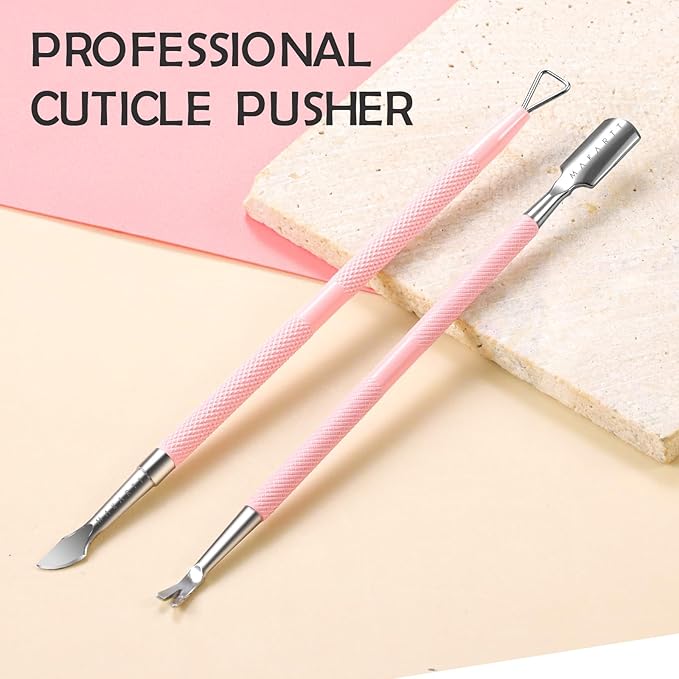 Makartt Cuticle Pushers, 2Pcs Stainless Steel Dual Ended Cuticle Remover with Spoon Pusher, Cutter, Scraper & Dead Skin Fork, Pink Manicure Pedicure Nail Care Kit
