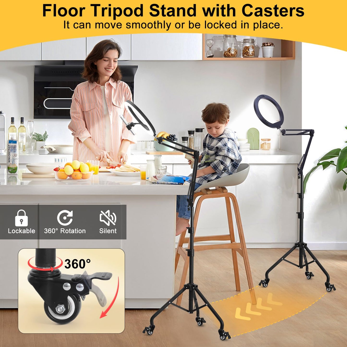 Yoobao 12 Ring Light With 81 Tripod Stand Folded Arm, Overhead Camera Mount Phone Holder With Casters, 3 Color Modes, Led Selfie