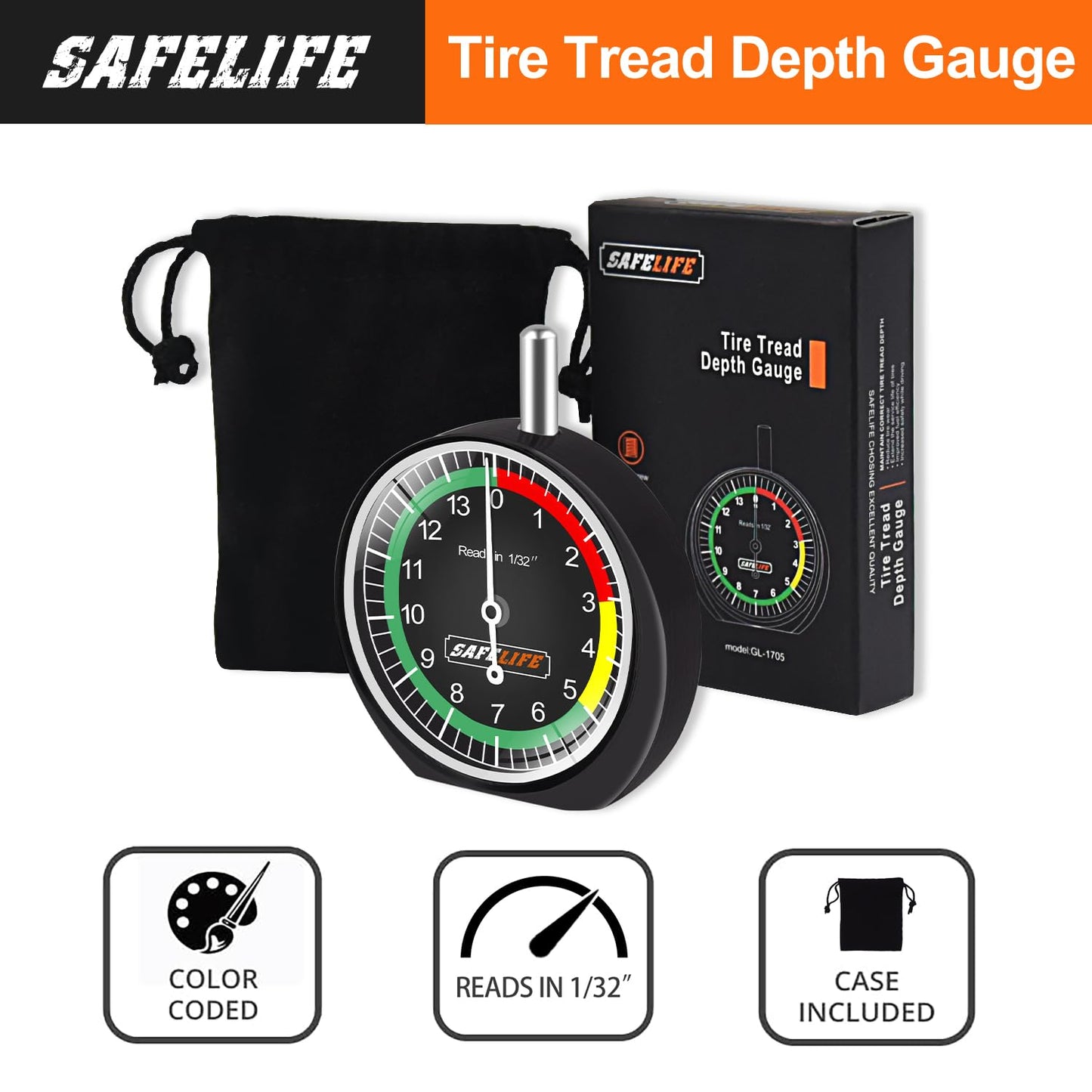 SAFELIFE Tire Tread Depth Gauge, Dial Type Tire Tread Depth Gauge Professional for Motorcycle, Car,Truck and Bus,Easy Reading Tyre Tread Depth Gauge in 32nds