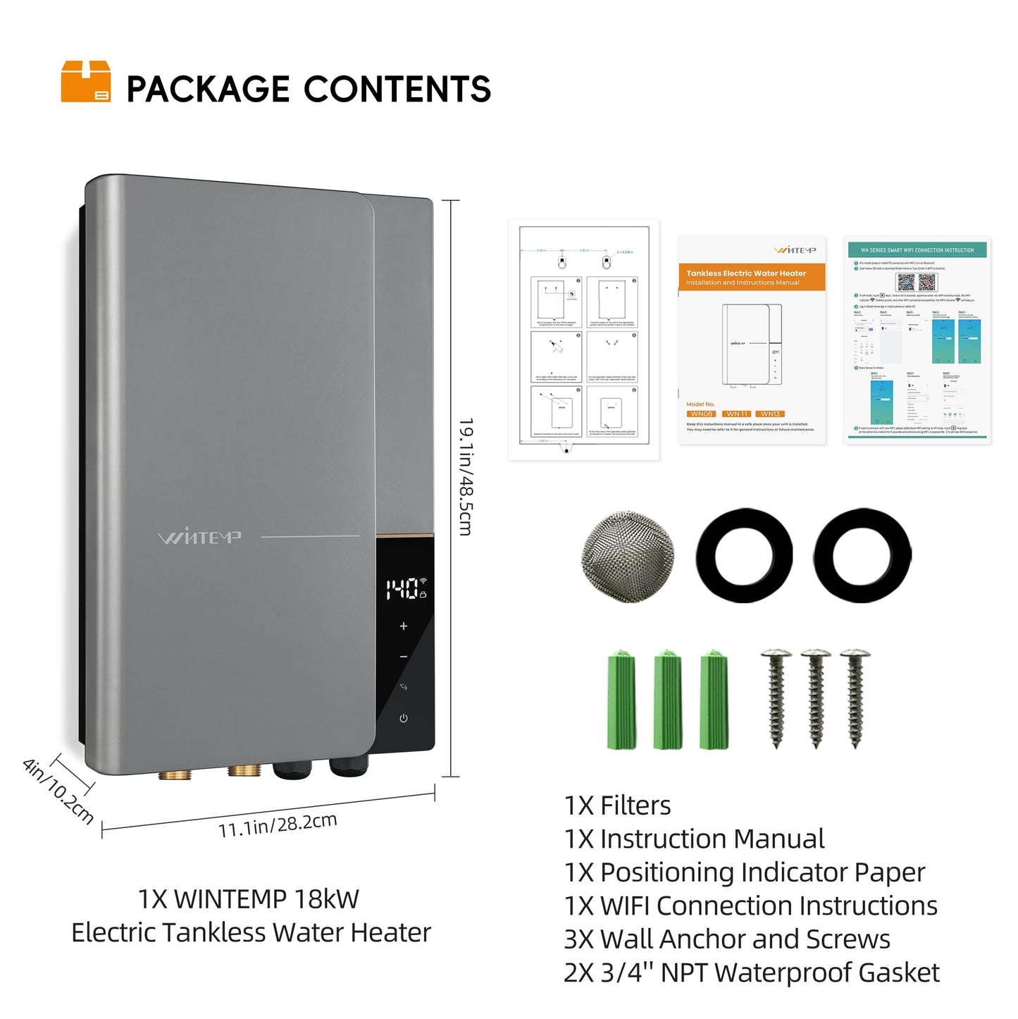 18kW Tankless Water Heater Electric 240V WINTEMP, On Demand Instant Hot Water Heater, Up to 4.3 GPM, with LED Temperature Display, Whole House Hot Water Supply, WiFi Control, ETL Certified