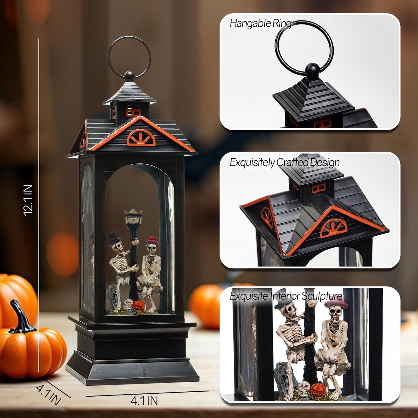 Halloween Snow Globe Lantern with Skull - Ghost Projection Water Lantern with Music - Skeleton Couple with Streetlight and Pumpkin Halloween Decoration for Home - USB or Battery Powered (Style 1)