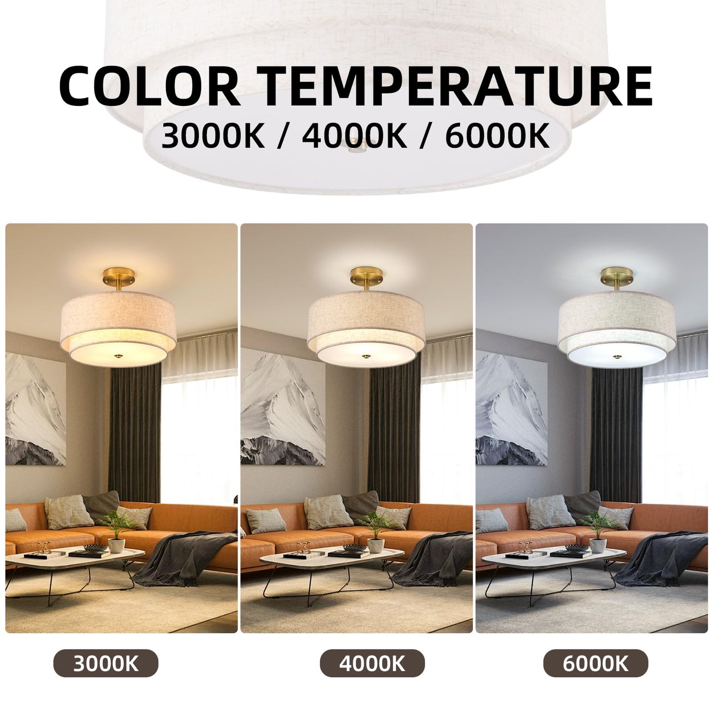 Aufrichting 16" Semi Flush Mount Ceiling Light Fixture,Modern Close to Ceiling Light, 3-Lights Gold Drum Ceiling Light with Linen Fabric Shade for Bedroom Living Dining Room Hallway Entryway Foyer