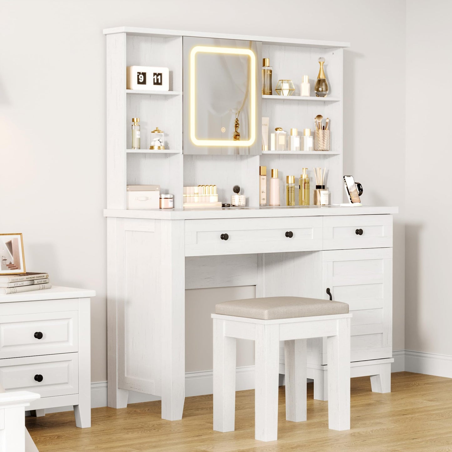 Farmhouse Makeup Vanity Desk,Makeup Vanity with Mirror and Lights & Power Outlet, Makeup Table with 2 Drawers and Cushioned Stool, Dressing Table with Glass Top for Bedroom Dressing Room, White
