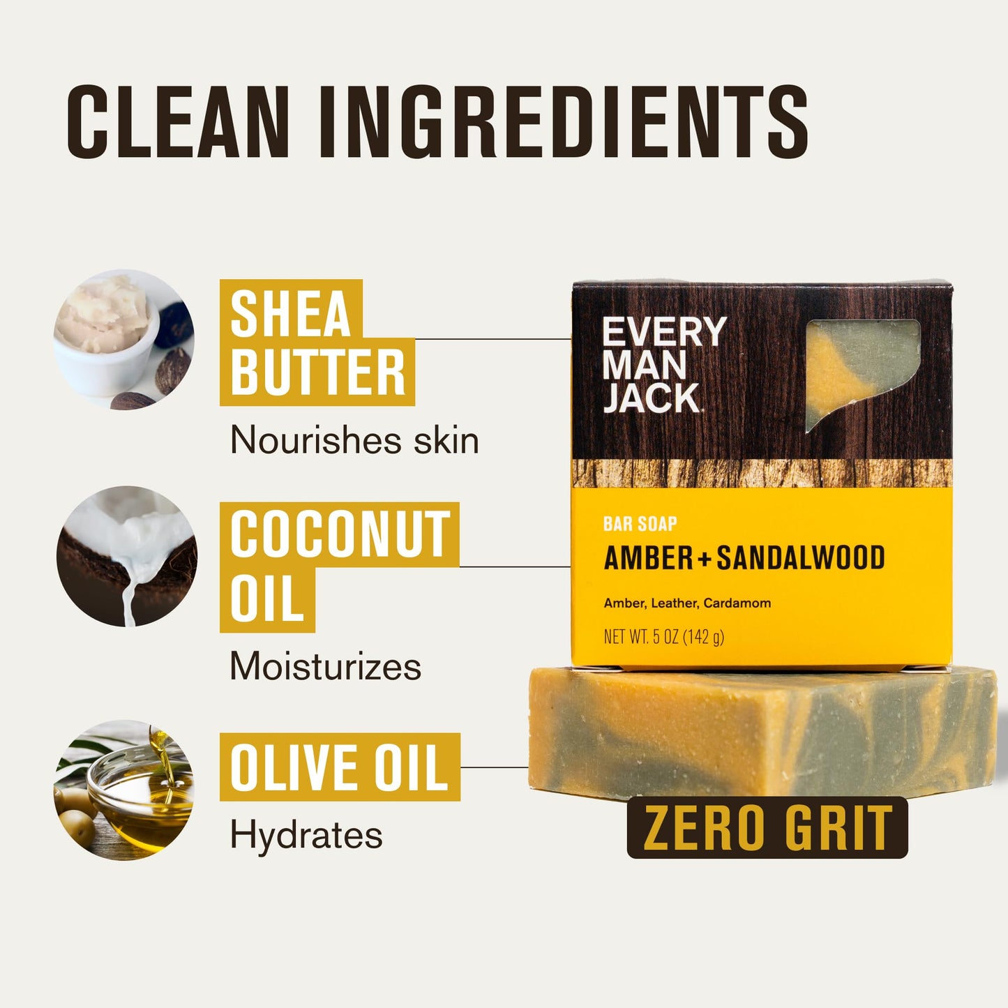 Every Man Jack Cold Processed Mens Bar Soap - Subtle Amber + Sandalwood Scent - Deeply Cleans & Hydrates w/Naturally Derived Ing