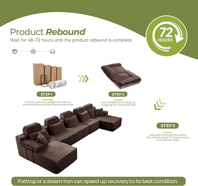 171" U-Shaped Cloud Modular Sectional Sofa with Chaise & Headrest, Boneless Deep Seat Plush Corduroy Couches for Large Living Room, No Assembly Required (Brown, 171" U-shapred Chaise)