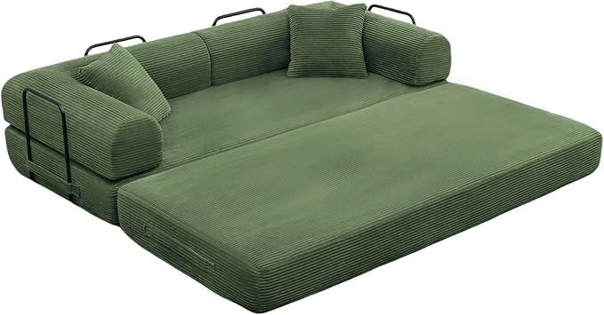 ZQRhome 79" 5-in-1 Convertible Sofa Bed, Premium Sleeper with Reinforced Frame & Plush Corduroy, No Assembly Modular Couch for Lounge, Guest Room & Small Space, Olive Green