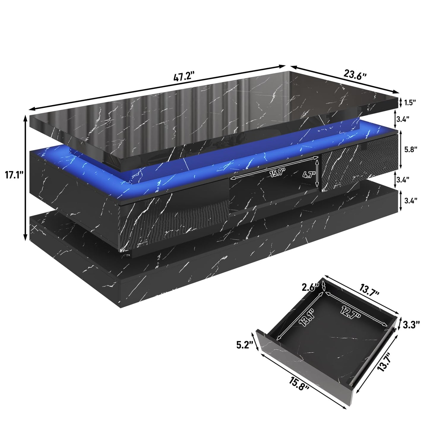 47.2 inch Modern High Glossy LED Coffee Table with 2 Sliding Drawers, Double-Layer Center Tables with LED Lights for Livings Room Furniture, Black