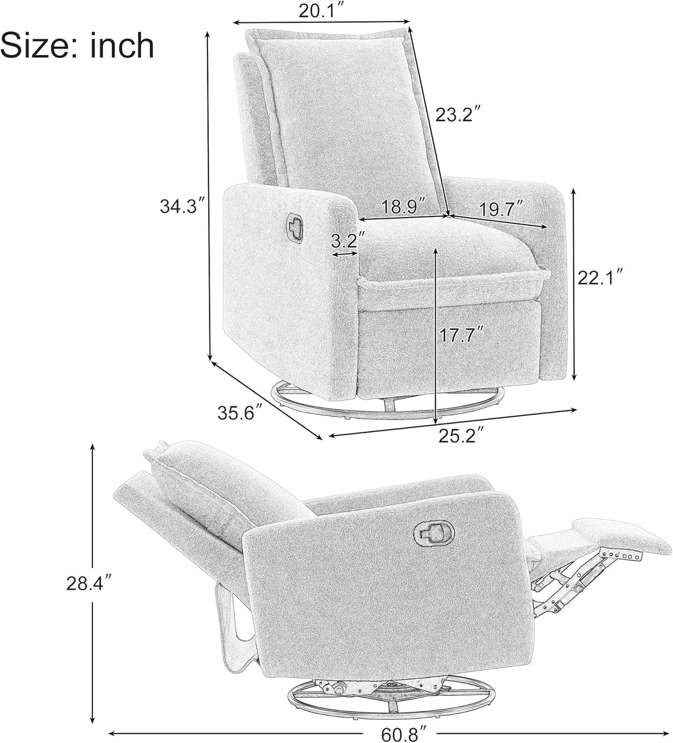 ERYE Modern Lounge Reclining Chair Boucle Upholstered Glider Rocker Chair Manual Recliner Armchair Nursery Armchair with Footrest Pedal for Home Bedroom Living Room