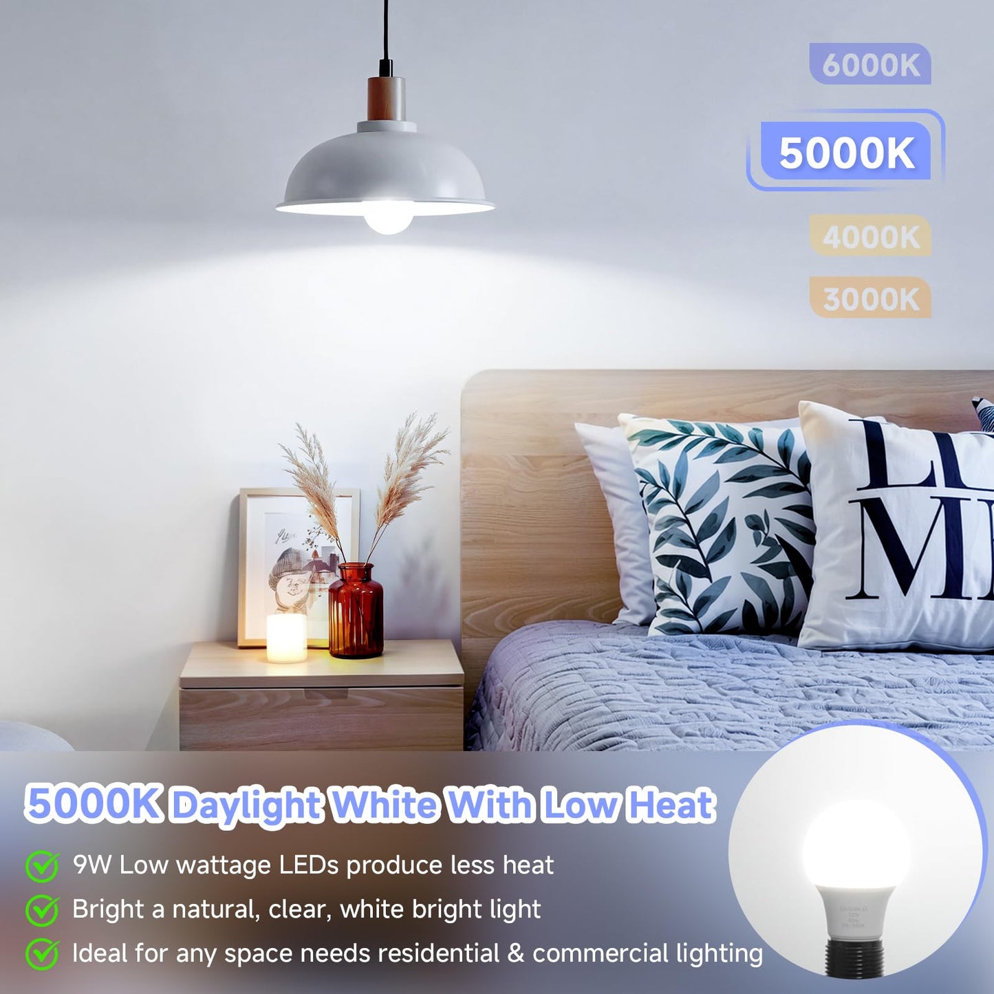 Maylaywood A19 LED Light Bulbs, 60 Watt Equivalent LED Bulb, Daylight White 5000K, 850 Lumen, E26 Base, Non-Dimmable, 9W Bright White LED Bulb, 4-Pack