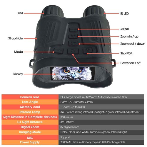 Kethvoz 4K Night Vision Binoculars, 8X Digital Zoom & 7-Level Adjustable IR - 1080P HD Video Recording & 36MP Photos, with 32GB Card, Ideal for Hunting, Camping, Security Surveillance