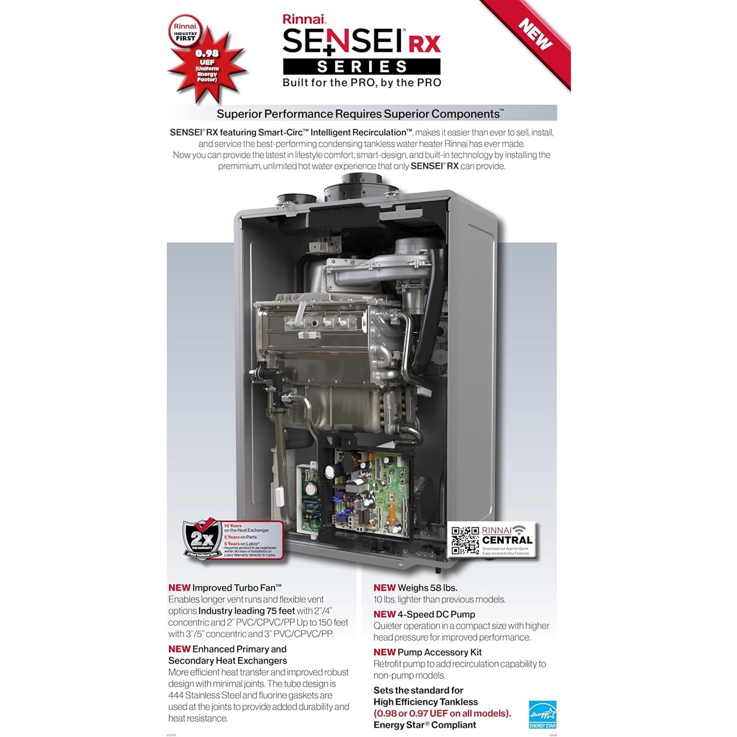 Rinnai CXP199iN High Efficiency Plus Natural Gas Interior Tankless Water Heater, 11 GPM