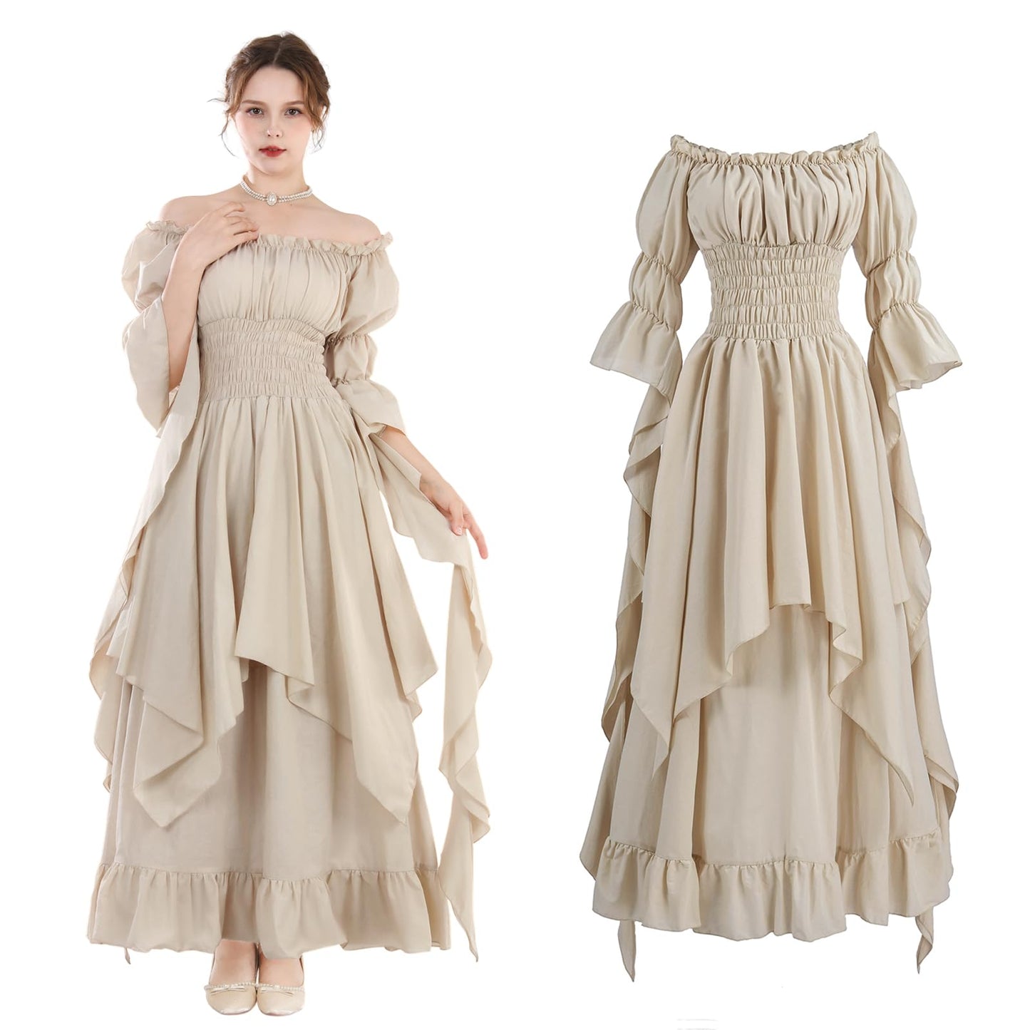 NSPSTT Victorian Dress Renaissance Costume Women Gothic Witch Dress Medieval Wedding Dress Beige S/M