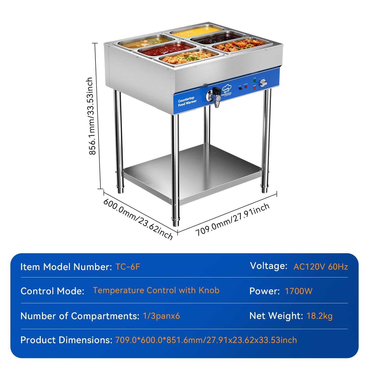 TOPKITCH 6-Pan Commercial Food Warmer, Electric Steam Table, 120V 1700W Stainless Steel Buffet Catering Food Warmer with Undershelf and Workspace, for Restaurant.