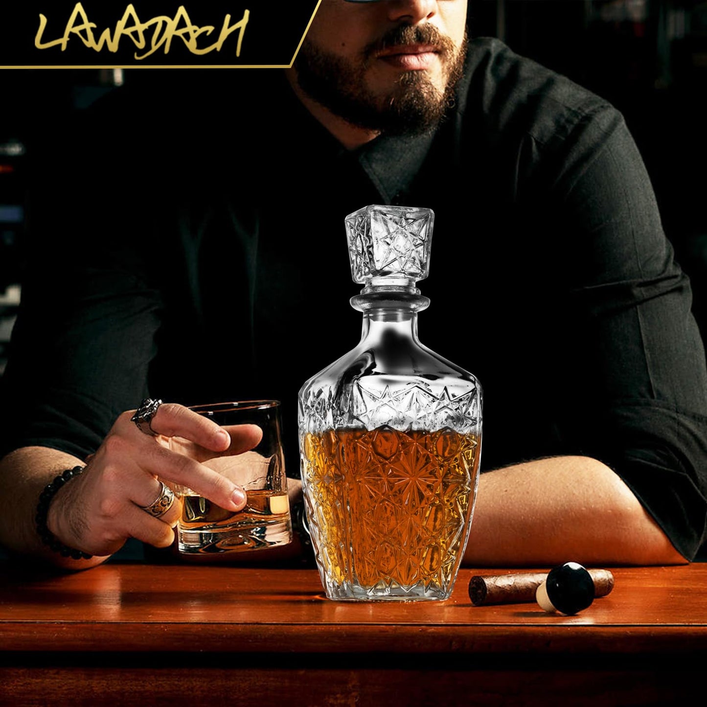 LAWADACH Whiskey Decanter, Liquor Decanters Set of 3, Glass Alcohol Bottle for Vodka, Tequila and Bourbon Unique Whiskey Bar and Party Decorations (28oz*2, 31oz*1)