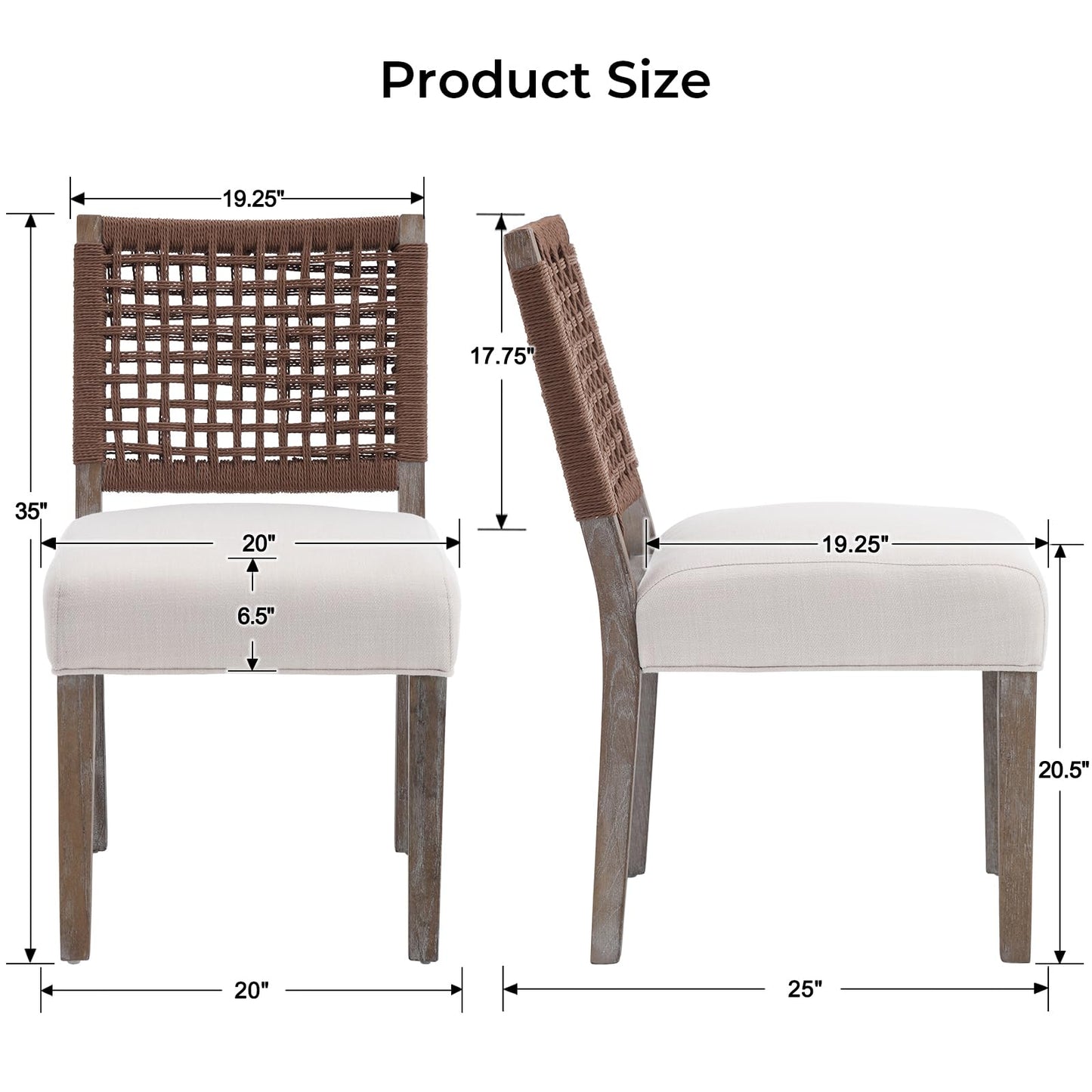 LZAREAL Farmhouse Dining Chairs Set of 2 Linen Fabric Upholstered Accent Side Chair, Mid Century Modern Kitchen & Dining Room Chairs with Woven Rope Back for Home, Living Room, Bedroom - Beige