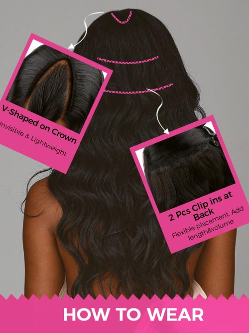 Lashey V Shape Invisible Clip in & Lace Clip in Hair Extensions Human Hair, 16 Inch 120g Set (1 V-Shaped + 2pcs Lace Clip ins), Natural Black Body Wave No Leave Out Hair Extension for Women