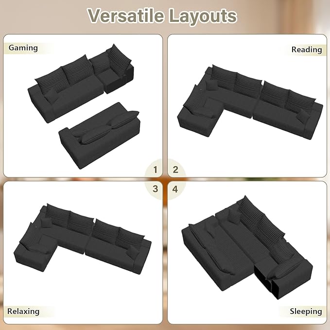 Sectional Cloud Couch for Living Room, Modular Floor Deep-Seat Sofa, Big Comfy Corduroy Couches Set with Fluffy Memory Foam, Stupendous L Shaped Sofas with Chaise, No Assembly Required, Black