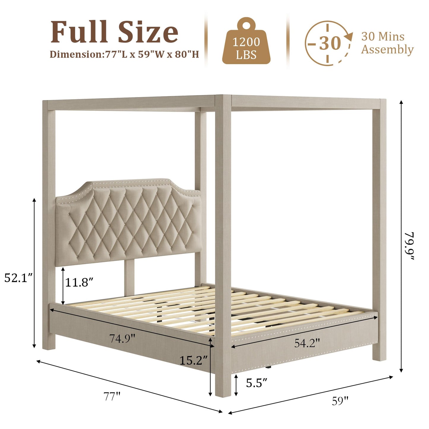 IDEALHOUSE Full Size Canopy Bed Frame with Nailhead Decoration Headboard,Upholstered Bed Frame with Poles 4 Corner Bed Bracket,Solid Wood Slats Support,No Box Spring Needed,Noise Free,Beige