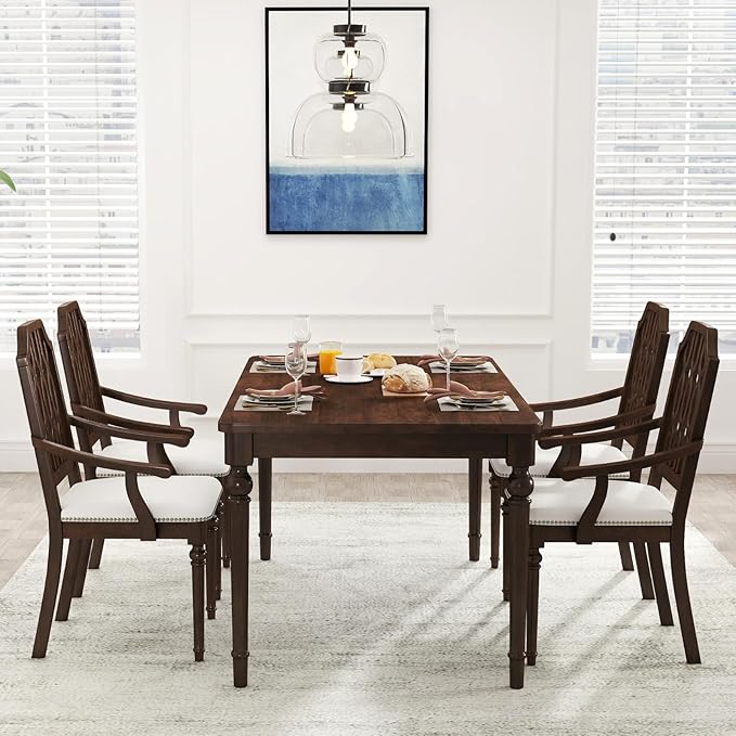 chairus Farmhouse Dining Chairs Set of 4, French Country Vintage Wooden Dining Room Chairs with Arm, Lattice Back & Turned Legs, Rustic Chenille Upholstered Nailhead Trim Kitchen Chairs, Walnut Brown