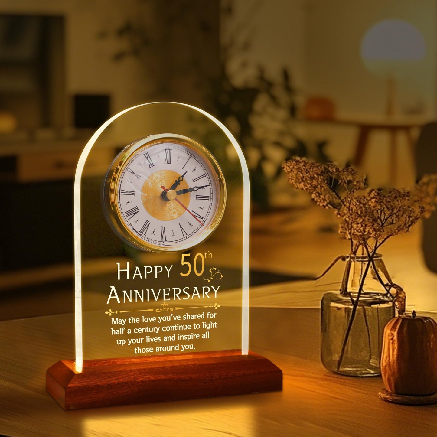OkiyiD 50th Anniversary Wedding Gift, Anniversary Quartz Clock, Desk Table Clock, 50 Years of Marriage, Golden Wedding for Couple, Parents, Grandparents (Wooden Base with LED Light)