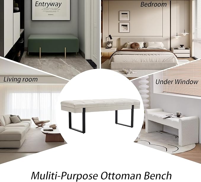 AIITTCC Faux Leather Ottoman Bench, Tufted Padded End of Bed Bench with Metal Legs, Upholstered Shoe Bench for Bedroom Living Room Entryway Window (Beige White, 46" Wide)