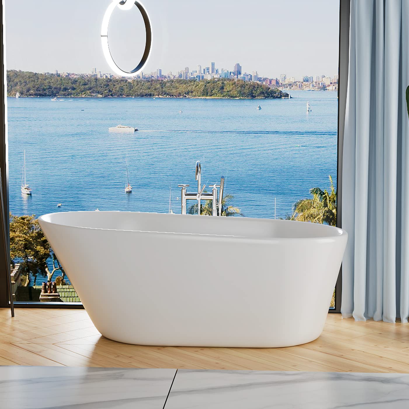 Mokleba 61" Acrylic Freestanding Bathtub, Single Slipper Free Standing Tub, Soaking Tub with Integrated Slotted Overflow, Toe-Tap Chrome Drain, cUPC Certified, Glossy White