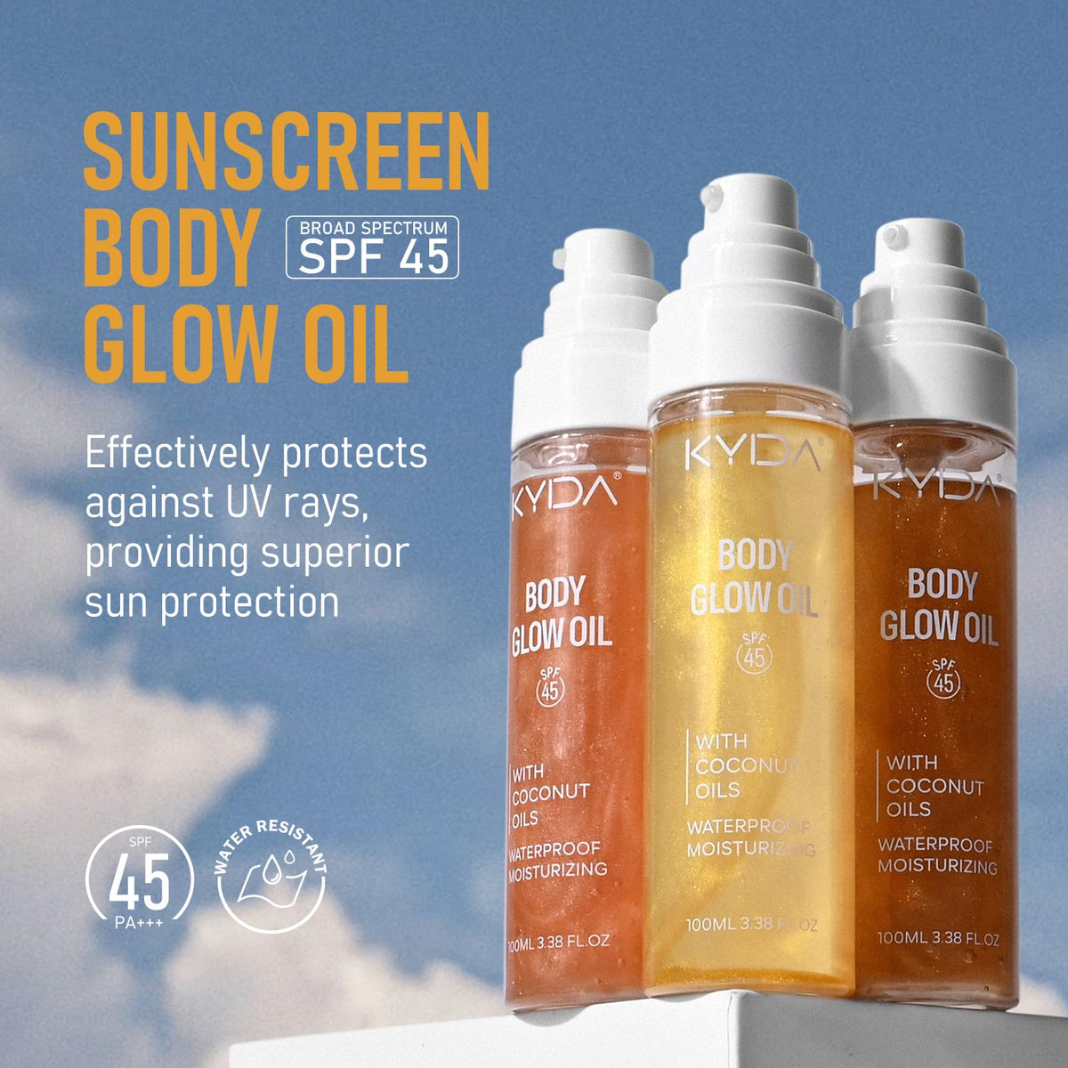 Sunscreen Body Glow Oil, Broad Spectrum SPF 45, Lightweight Water Resistant Shimmering Body Oil with Rose Gold Mica, Moisturizin