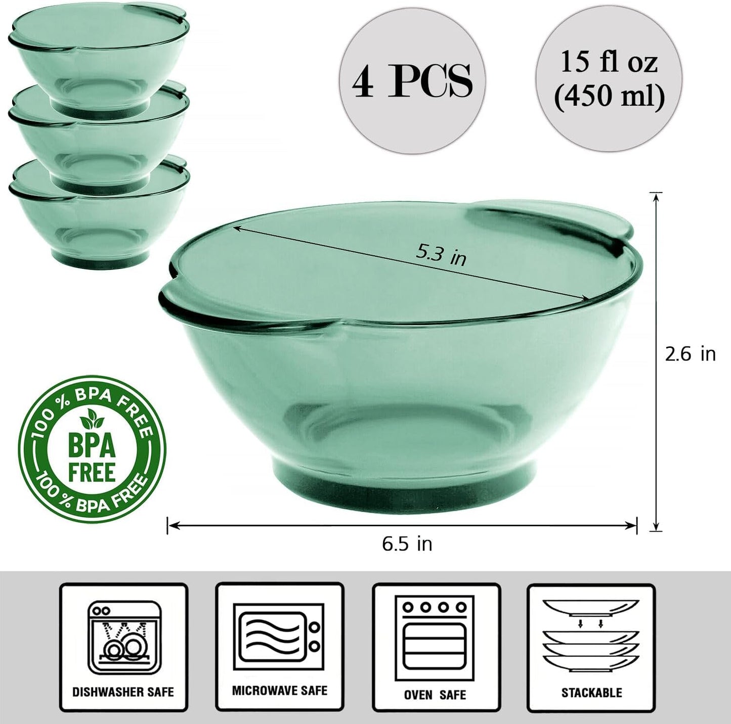 STP GOODS Glass Soup and Salad Bowl with Handles, Cobalt Transparent Glass Eating Plates, Circular Dinnerware for Salad, Bread, Dinner (Green 4 pcs)