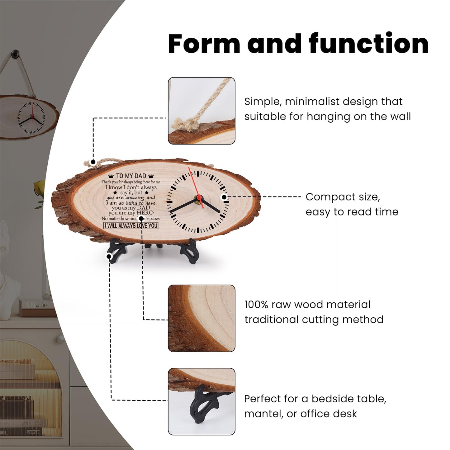 LJZTYX to My Dad Wooden Silent Wall Clock, Desktop Clock, Personalized Engraving Gifts, Birthday Gifts (Thank You Dad)