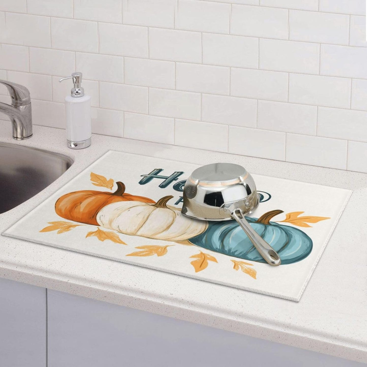 Dish Drying Mat for Kitchen Pumpkin Fall Leaf Autumn Counter Absorbent Dishes Drainer Microfiber Large 18x24 Inch