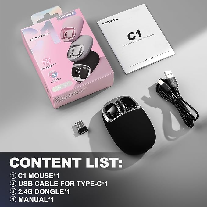 YUNZll C1 Silicone Wireless Mouse, Tri-Mode 2.4G/USB-C/Bluetooth Mouse, 4800 DPl Optical Tracking, 6 Adjustment Levels,Customize Mice for Laptop, Computer, iPad, MacBook (Black Silver)