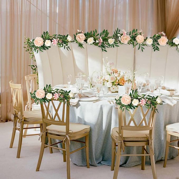 2 Pack Artificial Peony Flower Garland - 6ft Silk Peony Garland Flower Vine Champagne Peony Silk Roses Flowers for Wedding Arch Party Table Decor (2, Champagne)