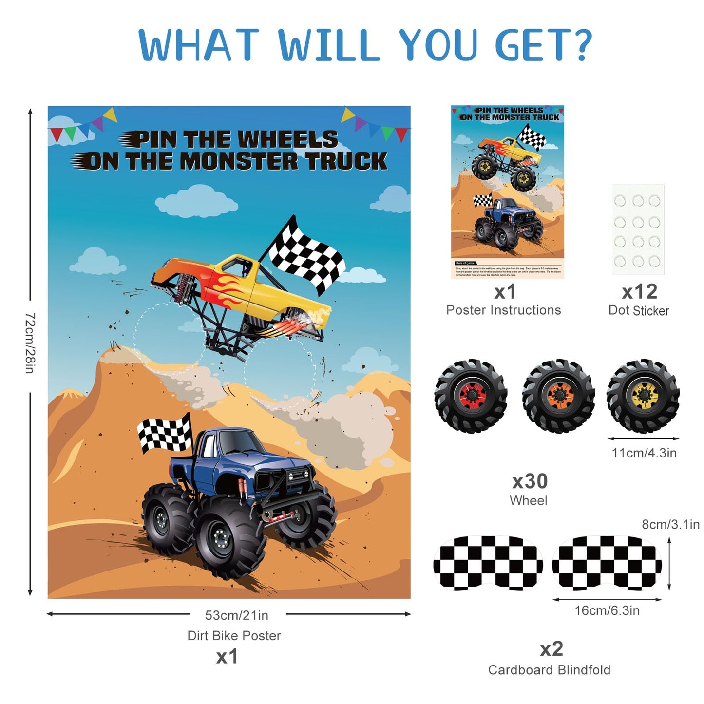 ASTARON Pin The Tail Games Pin The Wheels on The Truck Party Game with 30 Tyres Stickers for Car Theme Birthday Party Supplies, Boys Party Baby Shower Background Christmas Party Gifts Favors