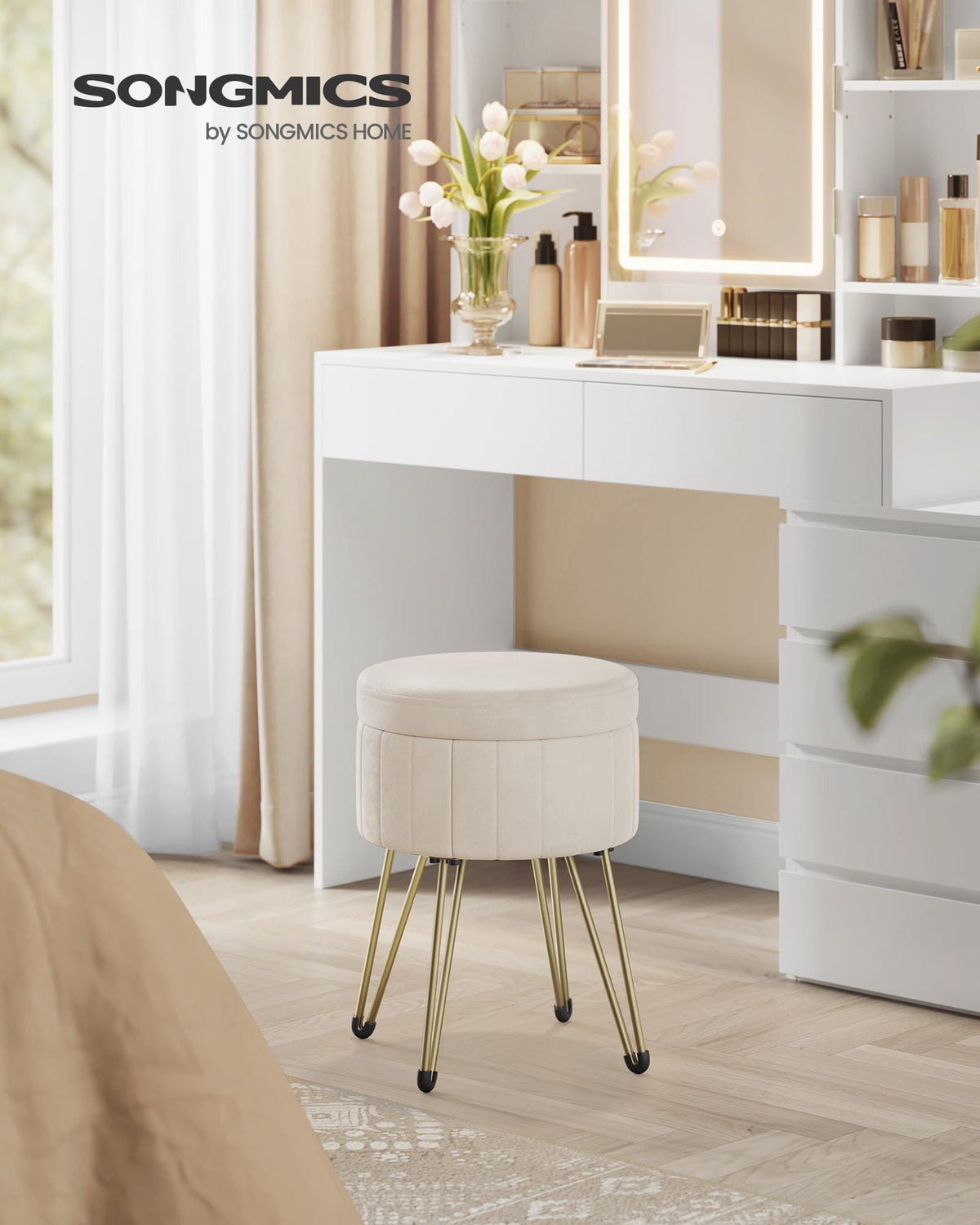SONGMICS Vanity Stool Chair, Small Ottoman with Storage, Velvet Makeup Stool, 15.4 Dia. x 17.4 H Inches, 4 Metal Legs, for Makeup Room, Living Room, Bedroom, Cream White ULOM003W01