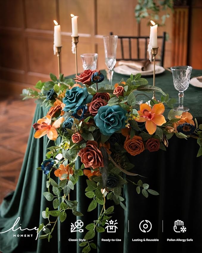 Ling's moment 2pcs Wedding Flowers Garland Artificial Floral Swag Arch Decorations Greenery Arrangements Orange & Teal Ceremony Reception Garden Easel Wall Entryway Outdoor Board(NOT Include Sign)