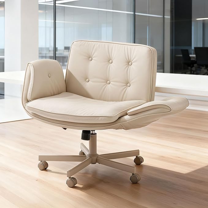 SunSettler Criss Cross Office Chair, PU Leather Gaming Chair with Armrests & Wheels, Comfortable Adjustable Swivel Computer Office Desk Chairs, Vanity Chair for Make Up, Home, Bed Room (White)