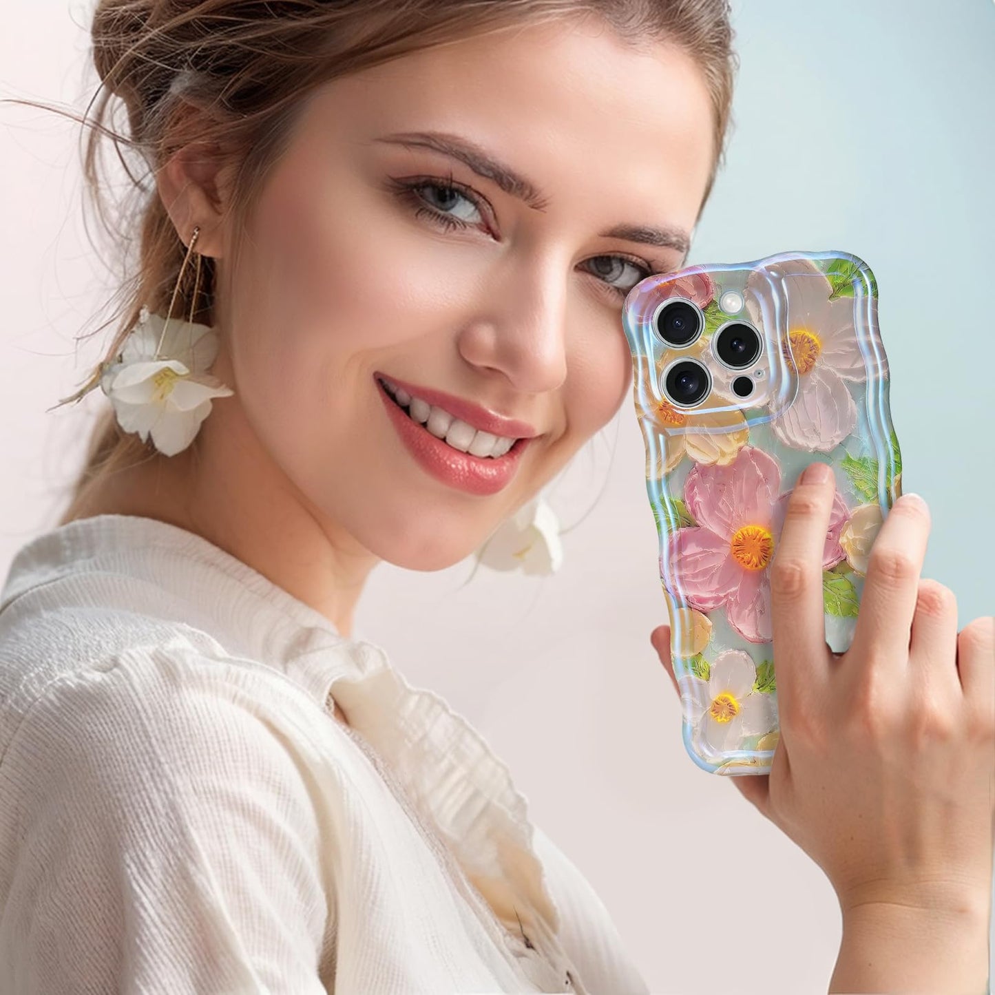 Mouzor Cute Case Compatible With Iphone 16 Pro Max, Colorful Retro Oil Painting Printed Flowers Case, Floral Laser Beam Glossy P