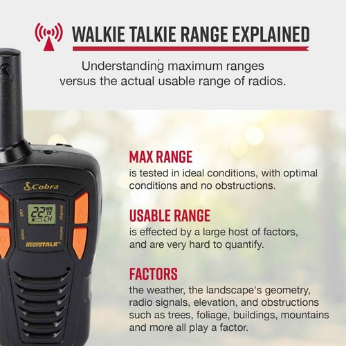 Cobra ACXT145 Compact and Lightweight Walkie Talkies for Adults & Compatible Cobra Surveillance Headset: Rechargeable, 22 Channels, Long-Range, 2 Two-Way Radios, 2 Headsets, Black/Orange
