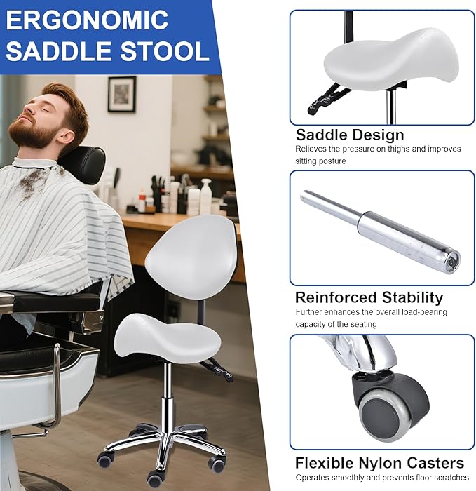 Upgrade Saddle Stool with Back Support, 400lbs Adjustable Salon with Wheels, Wide Thick Seat Padding, Ergonomic Esthetician Seat for Home Office Salon Shop Dentist Clinic, for People 5 Ft To6 Ft Tall