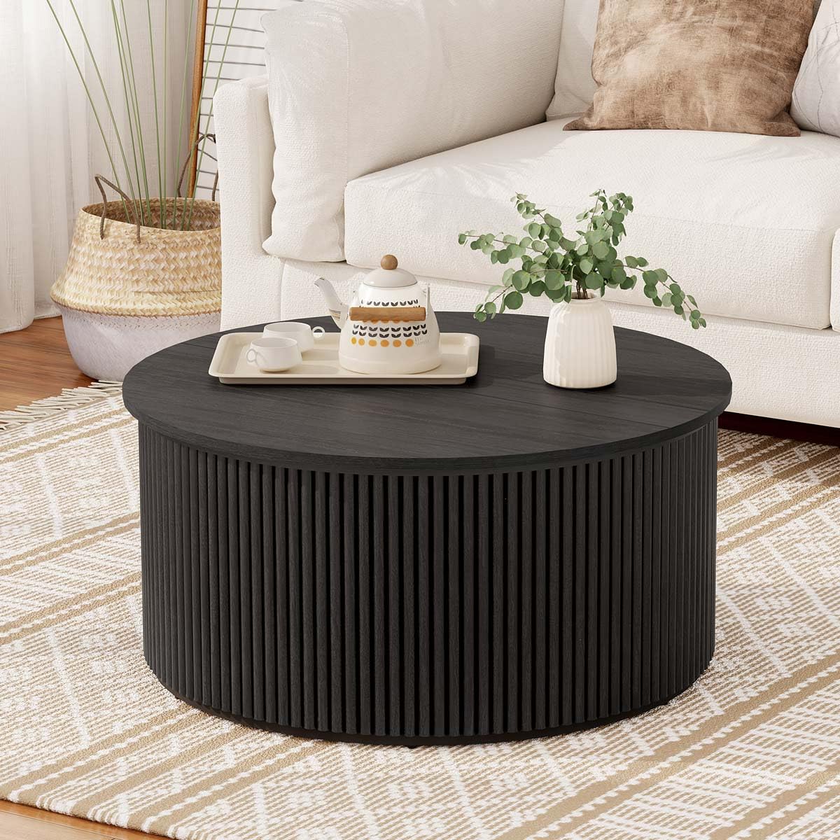 FATORRI Round Coffee Table with Storage, Fluted Wooden Center Table, Circular Mid-Century Modern Coffee Table for Small Space, Living Room, Bedroom, 31.5 Inch, Black