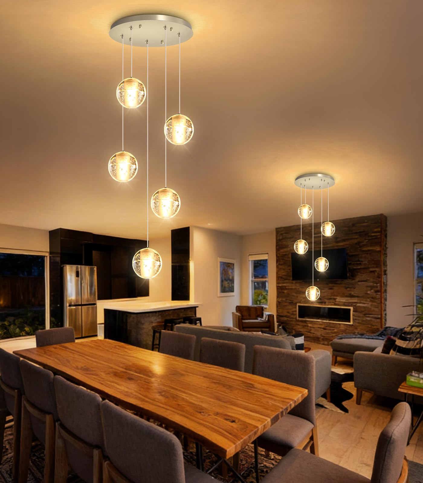 HAIXIANG 5 Lights Globe Chandelier Modern Crystal Glam Light LED Warm Light Pendant Lights for Dining Room Kitchen Island Brushed Nickel Lighting Fixture